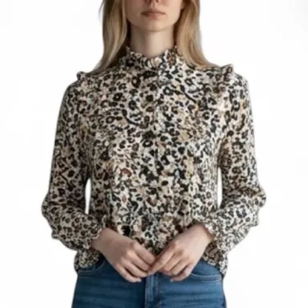 Anthropologie Maeve Katia Ruffle Blouse Size 4 Leopard Neutral Button Up